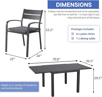Soleil Jardin 7-Piece Outdoor Patio Dining Set, 35" - 71" Aluminum Expandable Outdoor Dining Table Set for 6, 6 Stackable Chairs with Gray Removable Cushions, Dark-Grey