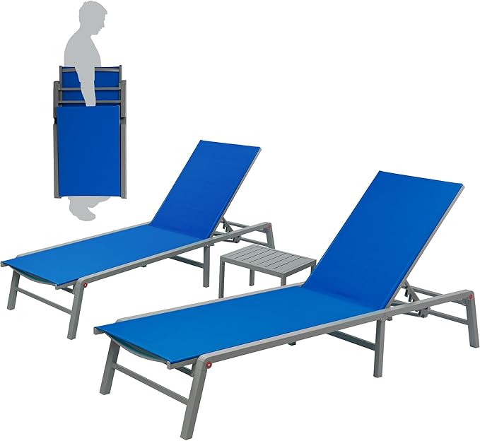 Kozyard Lounge Chair Outdoor Foldable Outdoor Lounge Chair (2Blue Textilence W/Table)