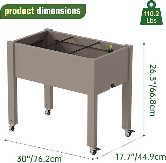 Elevated Raised Garden Bed with Wheels - Outdoor Mobile Resin Planter Box with Drainage Holes for Vegetables Flower Herbs, Weather Resistant (Gray)