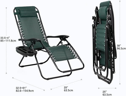 Nazhura Set of 2 Relaxing Recliners Patio Chairs Adjustable Steel Mesh Zero Gravity Lounge Chair Beach Chairs with Pillow and Cup Holder (Dark Green)