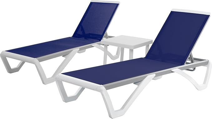 Kozyard 3-Piece Outdoor Chaise Lounge Chair Set, Fully Flat Adjustable Patio Lounger with Aluminum Frame & Resin Legs, Textilene Fabric for Poolside, Backyard & Beach (Navy Blue, 2Chairs +Table)