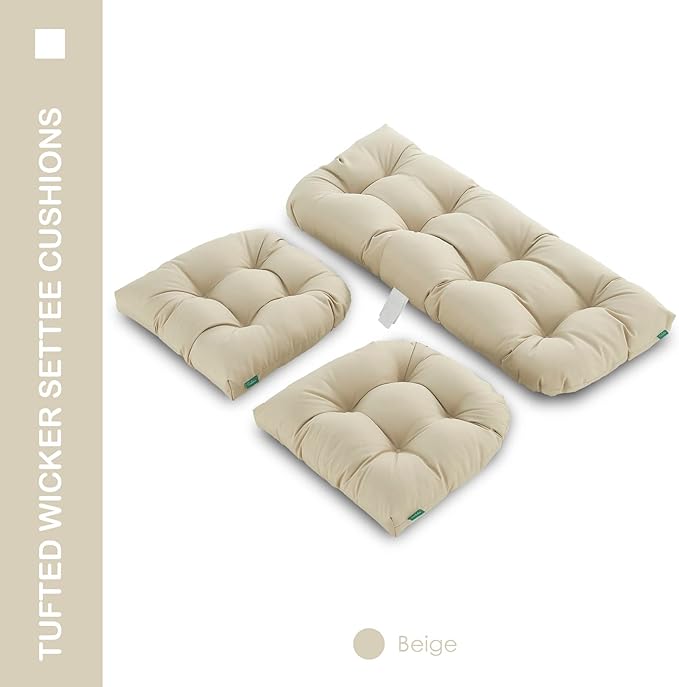 Outdoor/Indoor All Weather Tufted Wicker Chair Cushions of 3 Pieces, 1 Loveseat and 2 U-Shape Waterproof Cushions for Patio Furniture,Wicker Loveseat,Bench-Beige