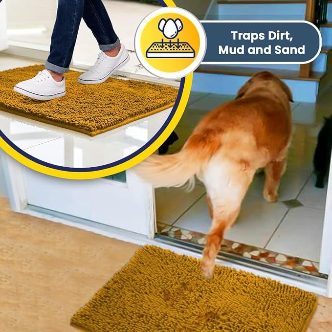 Muddy Mat® | Super Water Absorbent Door Mat Indoor, Microfiber Quick Dry Chenille Entryway Rug, Slip Resistant Front Door Mat, Indoor Mats for Entryway, Machine Washable Pet Rug, Gold 18" x 28"