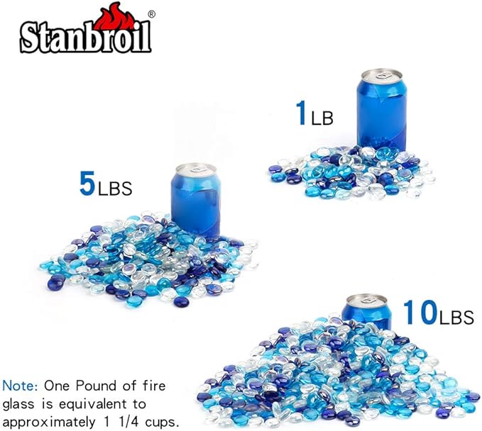 Stanbroil 10-Pound Blended Fire Glass Beads - 1/2 inch Fire Glass Drops Blended Cobalt Blue, Crystal Ice, Caribbean Blue Luster for Indoor and Outdoor Gas Fire Pits and Fireplaces