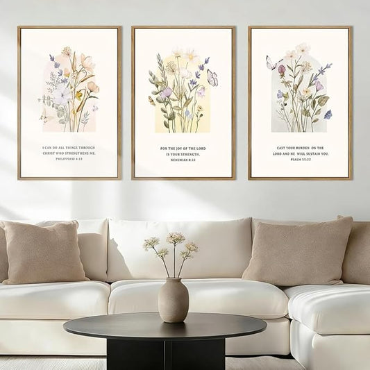 IARTTOP Extra Large Christian Easter Wall Art Framed 24x36 Inch Floral Bible Verse Scripture Art Prints Minimalist Botanical Wildflower Religious Canvas Wall Decor for Living room Bedroom Set of 3