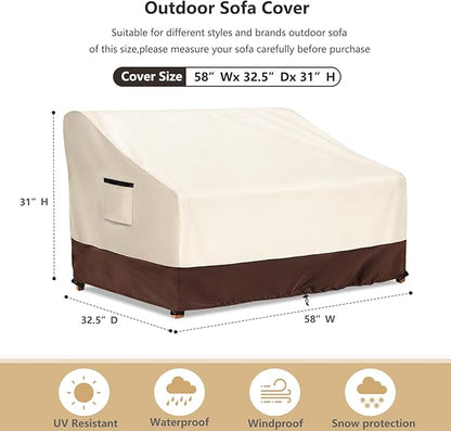 2-Seater Patio Sofa Cover, 600D Heavy Duty Waterproof Outdoor Sofa Covers, 58 W x 32.5 D x 31 H Inches Outdoor Couch Cover, Patio Furniture Covers, Lvory&Brown