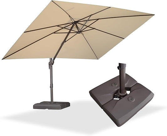 PURPLE LEAF 9' X 11.5' Rectangle Cantilever Umbrella with Base Patio Umbrella Outdoor Aluminum Offset Hanging Umbrella with 360-degree Rotation for Pool Garden Backyard Deck, Beige