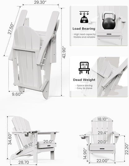 MUCHENGHY Folding Adirondack Chairs 2 Pack, Patio & Lawn Chairs, Outdoor & Backyard Chairs, Weather Resistant with Cup Holder, White