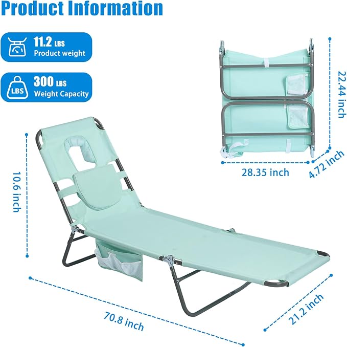 SUNNYFEEL Lay Flat Tanning Chair 2 Pack with Face Down Hole & Arm Slots, Beach Lounge Chair, 5-Position Folding Sunbathing Chair, 300 LBS Heavy Duty, 72" L x 22" W for Beach, Pool, Camping