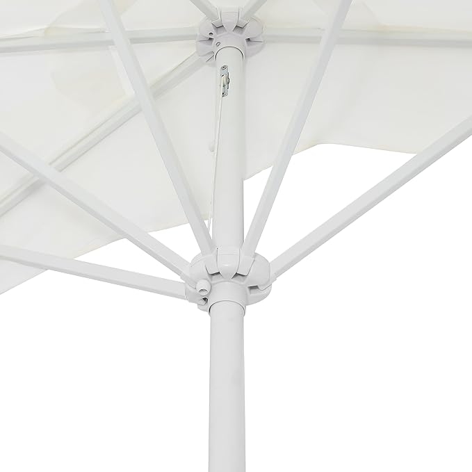 JONATHAN Y Half Umbrella UMB1201K Beverly 9 ft. Designer Classic Scalloped Fringe Market Patio with Crank, Tilt Button and UV Protection in Cream/White, White Pole