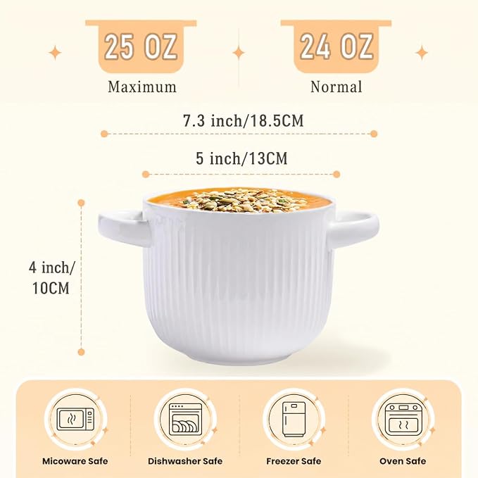 Ceramic Soup Bowl with Handles and Lid, 24 oz French Onion Soup Crock, Oven Safe Bowl for Soup, Chili, Ramen, Pasta and Cereal, Microwave Dishwasher Safe - White