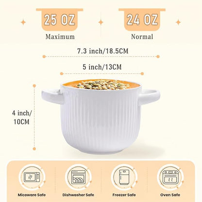 Ceramic Soup Bowl with Handles and Lid, 24 oz French Onion Soup Crock, Oven Safe Bowl for Soup, Chili, Ramen, Pasta and Cereal, Microwave Dishwasher Safe - White