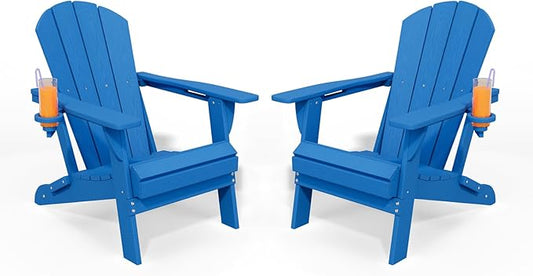 Folding Adirondack Chair with Cup Holders Set of 2, HDPE Plastic Outdoor Chairs, Weather Resistant, Real Wood Look for Patio, Deck, Fire Pit, Backyard, Blue