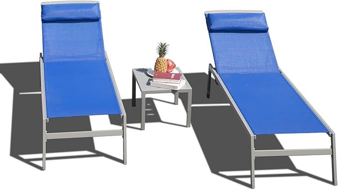 Domi Patio 3 Pieces Aluminum Textilene Chaise Lounge Set with Side Table Outdoor, Adjustable Back and Pillow for Yard Garden Sunbathing for All Seasons Blue