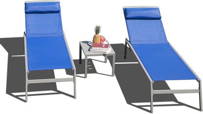 Domi Patio 3 Pieces Aluminum Textilene Chaise Lounge Set with Side Table Outdoor, Adjustable Back and Pillow for Yard Garden Sunbathing for All Seasons Blue