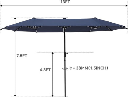 GREEN PARTY 13ft Rectangle Patio Umbrella, Double Sided Outdoor Table Umbrella with Crank & 1.5" Pole, Large Market Umbrella for Poolside Garden Deck Backyard, Navy Blue