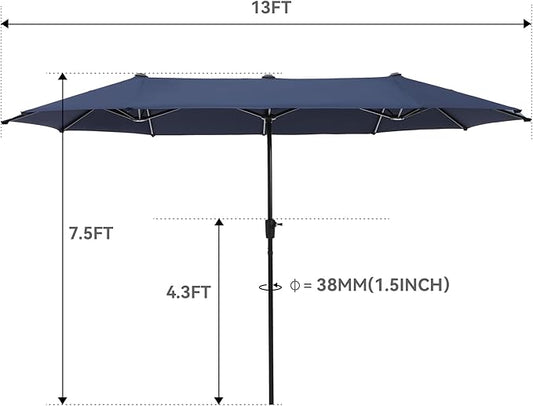 GREEN PARTY 13ft Rectangle Patio Umbrella, Double Sided Outdoor Table Umbrella with Crank & 1.5" Pole, Large Market Umbrella for Poolside Garden Deck Backyard, Navy Blue