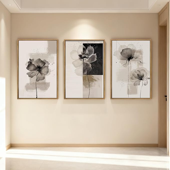 IARTTOP Neutral flower Framed Wall Art 16x24 Inch Black Beige Abstract Floral Canvas Wall Decor Modern Minimalist Flower Paintings for Living Room Bedroom Dining room Set of 3