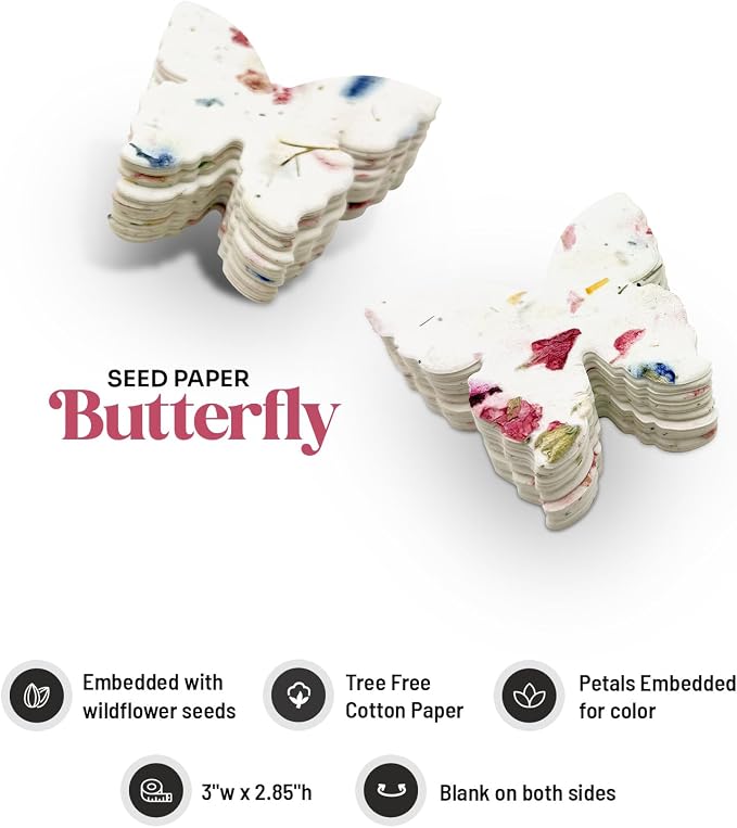 50pcs Large (2.85" h x 3" w) Pink Butterfly Seed Paper – Writable & Plantable Wildflower, Mom's Gift for Birthday, Use for Wedding, Baby Shower, & Party Favors