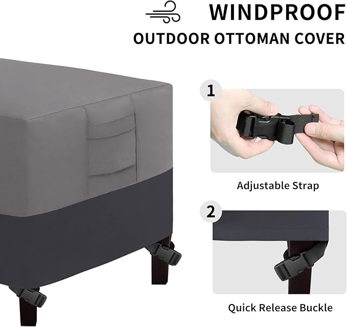 Easy-Going Outdoor Ottoman Cover, Waterproof Patio Ottoman Cover, Heavy Duty Patio Rectangular Coffee Table Cover with Padded Handles(48"x25"x18", Gray/Dark Gray)