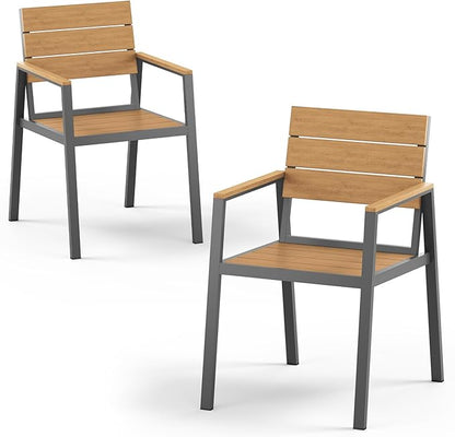 Outdoor Patio Dining Chairs Set of 2, Aluminum & HDPE All-Weather for Deck, Lawn, Backyard, Pool and Indoor Use (Gray & Teak)
