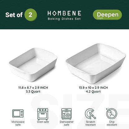 HOMBENE Ceramic Baking Dish Set for 2, Casserole Dish,Ceramic Baking Pan, Bakeware for Baking, Kitchen Decor, Microwave Oven Safe (3.3QT/4.2QT)