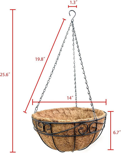 4 Pack 14 Inch Metal Hanging Planter Basket，Natural Round Coconut Hanging Plant Flower Pot，Coconut Coir Planter for Hanging Basket Flowers/Vegetables Home Garden Patio Decoration Flower