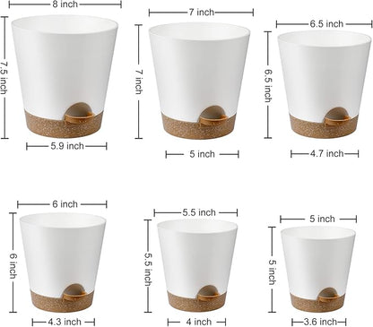 YNNICO Indoor Self Watering Planters with Drainage Holes and Saucers, 8, 7, 6.5, 6, 5.5, 5 Inches, White, 6 Pots