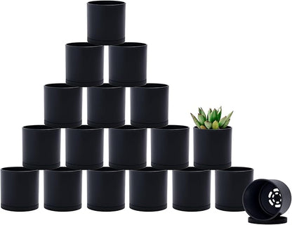 D'vine Dev 18 Pack 2.5 Inch Mini Plastic Plant Pots, Small Garden Planters for Plant with Drainage Holes and Saucers, Black Color, 74-Y-B-5