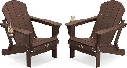 SERWALL Folding Adirondack Chair Set of 2, All Weather Adirondack Chairs with Cup Holder for Patio Garden Outdoors Fire Pit - Coffee