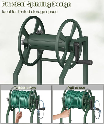 4-Spike Garden Hose Reel with 3.9ft Leader Hose & Stainless Fitting, Outdoor Hose Holder holds 125ft Hose of 5/8", Freestanding Metal Hose Stand for Outside Yard Lawn, Green