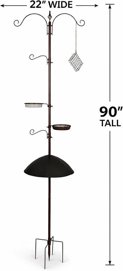Backyard Expressions 90" Bird Feeding Station for Outdoors, Heavy Duty Bird Feeder Pole with Squirrel Baffle, Shepherd Hooks, Suet Cage, Water Bowl & Tray, Multi Hook Bird Feeder Stand for Yard Garden