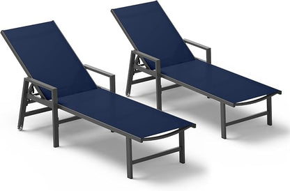 Patio Chaise Lounge Chair Outdoor with Wheels&Armrests, Aluminum Pool Lounge Chairs Set of 2 Five-Position Adjustable Recliner, Outdoor Beach Lounge Chairs for Outside, Patio, Deck, Yard, Navy Blue