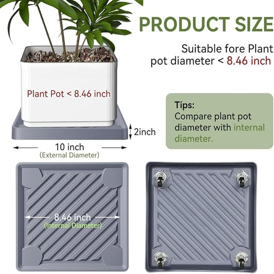 Square Plant Caddy with Hidden Wheels 10 Inch Heavy Duty Rolling Plant Stands Indoor Outdoor Plant Saucer Tray Dolly with $9.9 Garden Tools (Gray)