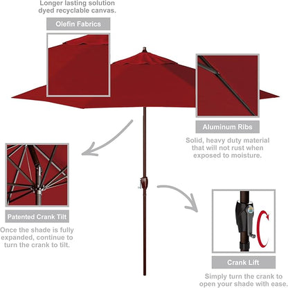 California Umbrella 9' Round Aluminum Outdoor Deck, Pool or Patio Umbrella, Crank Lift, Auto Tilt, Bronze Pole, Red Olefin