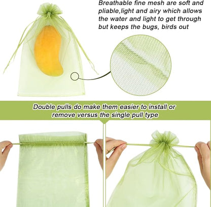 100pcs Fruit Protection Bags 8x12 inch, Green Netting Cover Bags Drawstring Mesh Fruit Protectors Pest Barrier for Grapes Mango Trees Veggies Garden