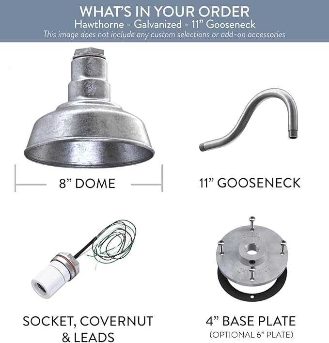 Steel Lighting Co. | Dusk to Dawn | Hawthorne Barn Light | Outdoor Wall Mounted | 8 in Dome | 11 inch Gooseneck| Small Farmhouse Light Made in America | Galvanized Exterior/Galvanized Interior