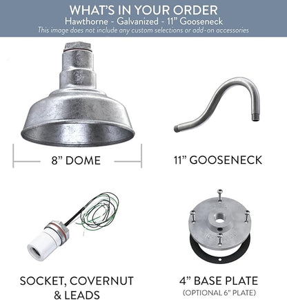 Steel Lighting Co. | Dusk to Dawn | Hawthorne Barn Light | Outdoor Wall Mounted | 8 in Dome | 11 inch Gooseneck| Small Farmhouse Light Made in America | Galvanized Exterior/Galvanized Interior