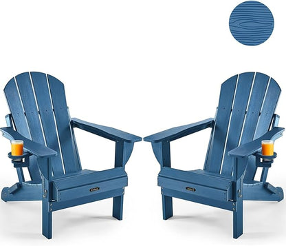 Ciokea Folding Adirondack Chair 2 Pack, Patio Adirondack Chair Weather Resistant, Plastic Fire Pit Chair with Cup Holder, Lawn Chair for Outdoor Porch Garden Backyard Deck (Royal Blue)