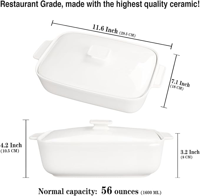 10" x 7" Casserole Dish 1.7 Quart Ceramic Bakeware Set with Lids, Chip and Crack Resistant Ceramic Casserole Dish with Handle 11.6 In, Microwave, Dishwasher, Oven, Freezer and Fridge Safe