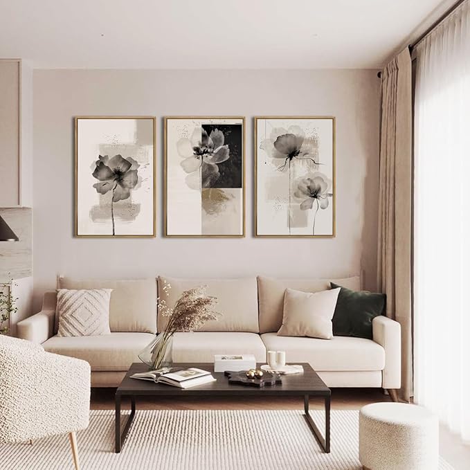 IARTTOP Neutral flower Framed Wall Art 16x24 Inch Black Beige Abstract Floral Canvas Wall Decor Modern Minimalist Flower Paintings for Living Room Bedroom Dining room Set of 3