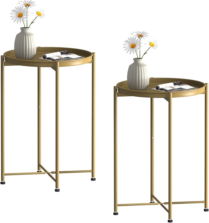 Garden 4 you Small Side Table, Gold Mini Round End Table, Tray Table with Metal Frame, Modern Nightstand for Living Room, Bedroom, Patio, Small Space, 2pcs