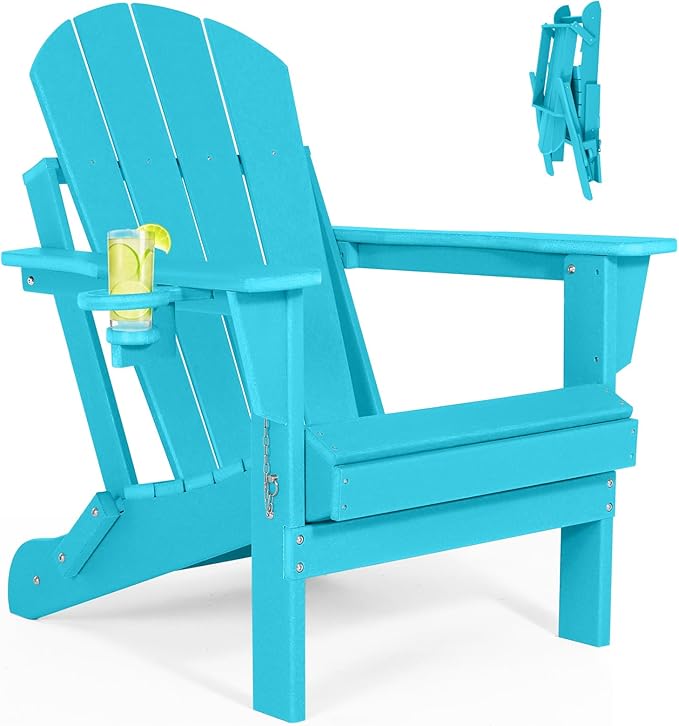 Folding Adirondack Chairs - Plastic Adirondack Chairs with Cup Holder, Weather Resistant for Outdoor, Patio, Lawn, Garden, Backyard Deck, Fire Pit - Turquoise