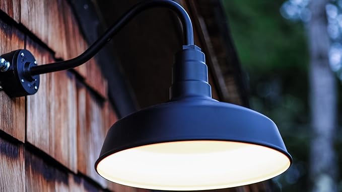 Steel Lighting Co. Gardena Barn Light | Outdoor Wall Mounted | 16" Dome | 11" Gooseneck | Farmhouse Light Made in America | Cream Exterior/Brass Interior