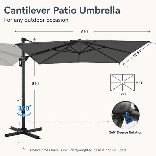 GREEN PARTY 9x12 ft Cantilever Patio Umbrella, Rectangle Offset Outdoor Umbrellas with 360° Rotation, 5-Year-Non-Fading Hanging Pool Umbrella for Garden Deck Poolside - Grey