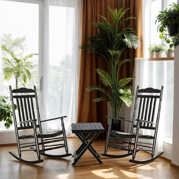 Outdoor Patio Rocking Chairs Folding Side Table Set of 3 Piece Porch Wooden Rockers Small Foldable End Table Furniture Indoor Outside Camping Balcony Garden Lawn and Bistro, Black