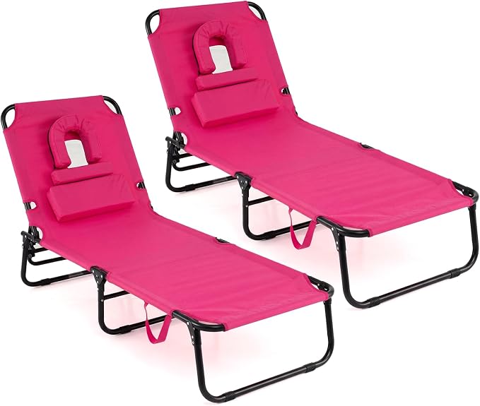 GYMAX Tanning Chair, 330lbs Beach Lounge Chair with Face Hole, Detachable Washable Pillow & Carry Strap, Adjustable Folding Chaise Lounge, Layout Chair for Outside, Patio, Poolside, Lawn (2, Pink)