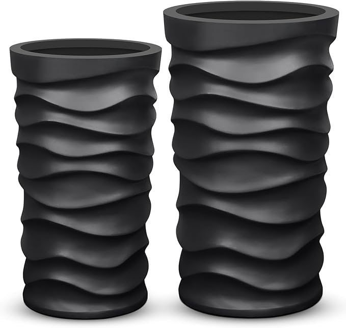 Tall Planter Outdoor Indoor, 2 Pack Extra Large Plant Pots 20" 18" H Tall Large Tree Planter-Modern Matte Wavy Flower Pot for Indoor Outdoor Proch Decor (Black)