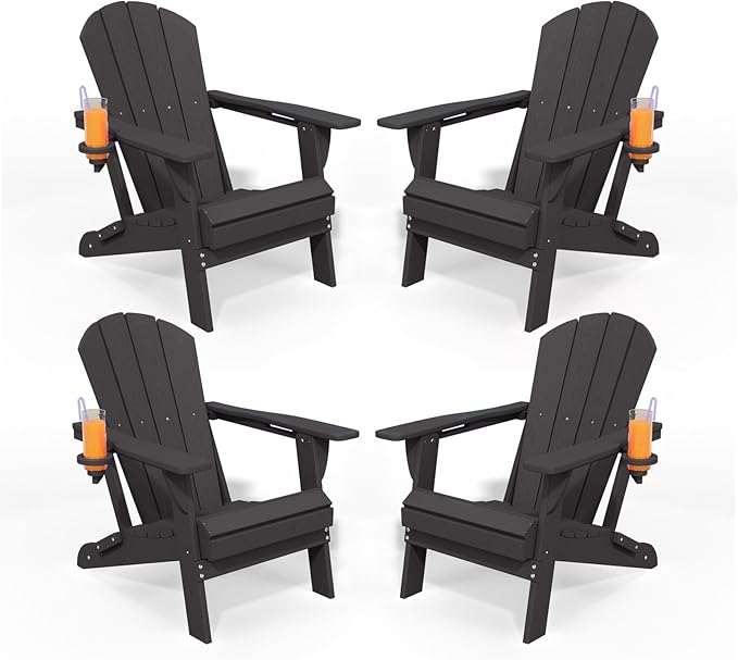Folding Adirondack Chairs with Cup Holders, Set of 4 HDPE Plastic Outdoor Chairs, Weather Resistant, Real Wood Look, Heavy-Duty Patio Furniture for Deck, Fire Pit, Backyard, Black