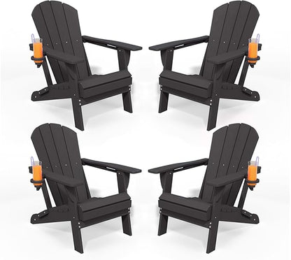 Folding Adirondack Chairs with Cup Holders, Set of 4 HDPE Plastic Outdoor Chairs, Weather Resistant, Real Wood Look, Heavy-Duty Patio Furniture for Deck, Fire Pit, Backyard, Black
